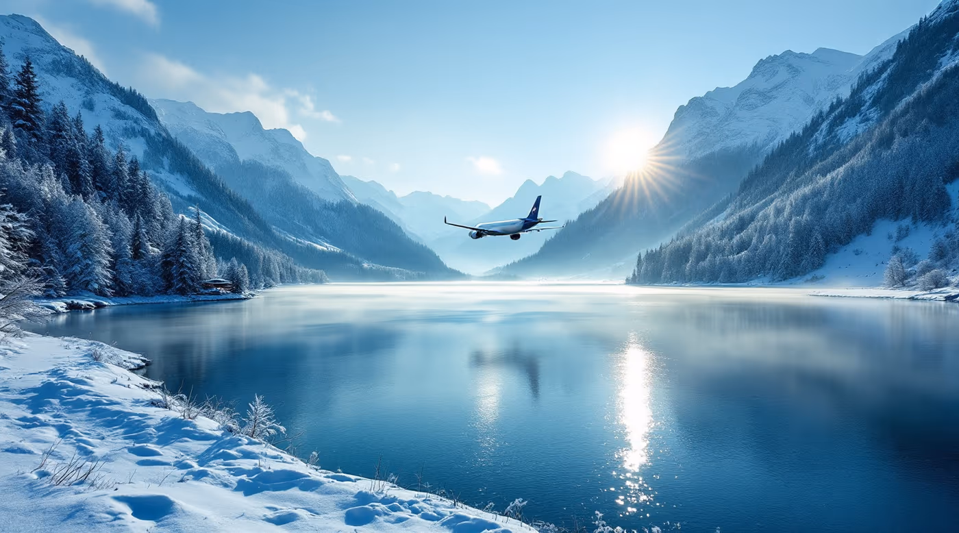 A plane descending over an Alpine lake between snowy mountains