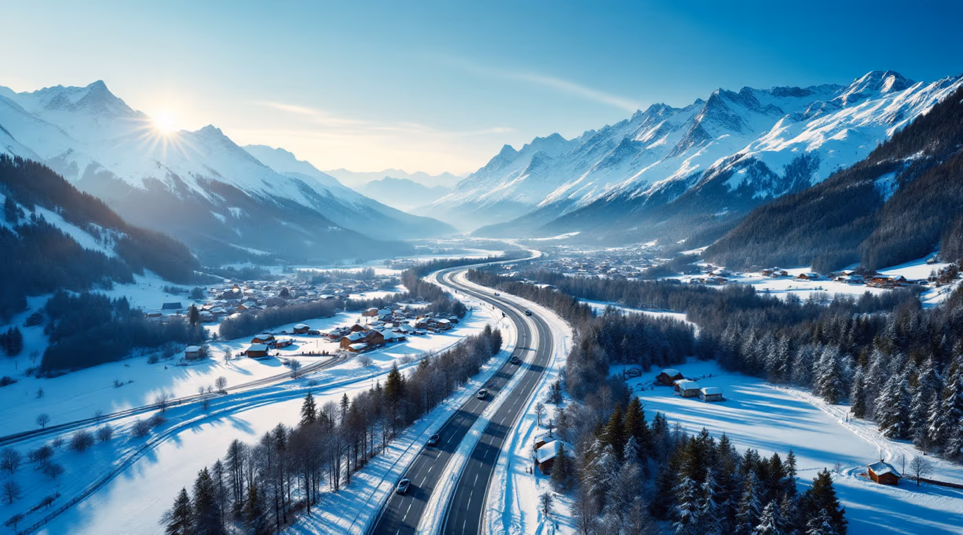 Valley motorway leading from the lowlands towards snowy Alpine peaks