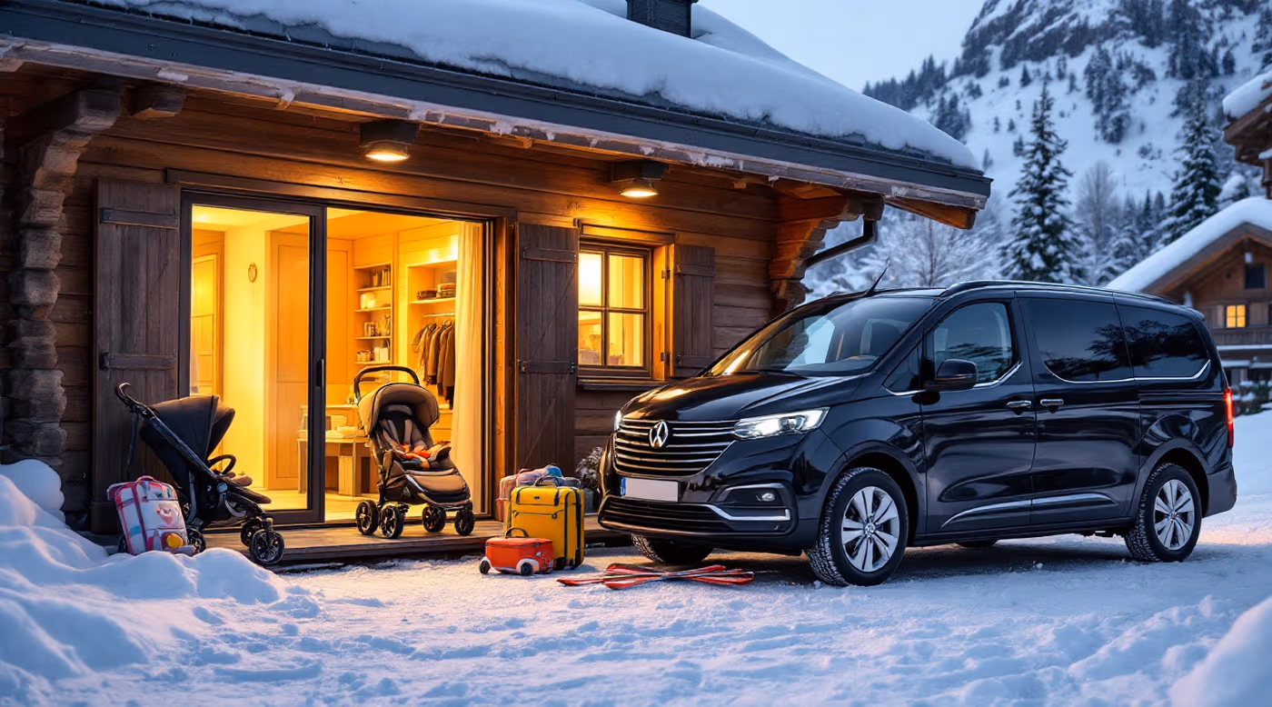 People carrier outside a chalet with a pushchair, children’s skis and suitcases