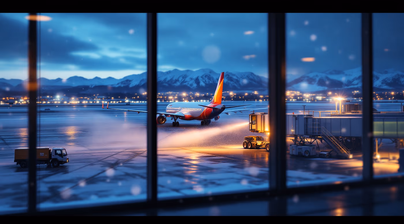 Snow falling on an airport apron at dusk while an aircraft is de-iced