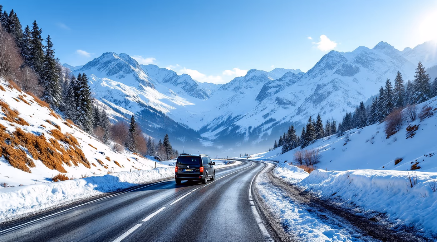 Mountain road climbing out of a snowy Alpine valley towards the Three Valleys