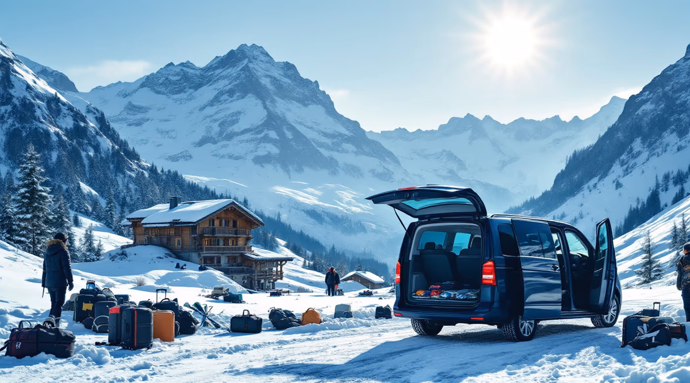 People carrier unloading ski bags outside a chalet below glaciated granite peaks