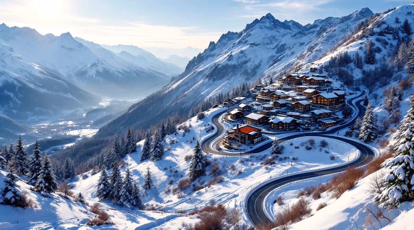 Hairpin road climbing to a sunny terrace of chalets with a gondola above