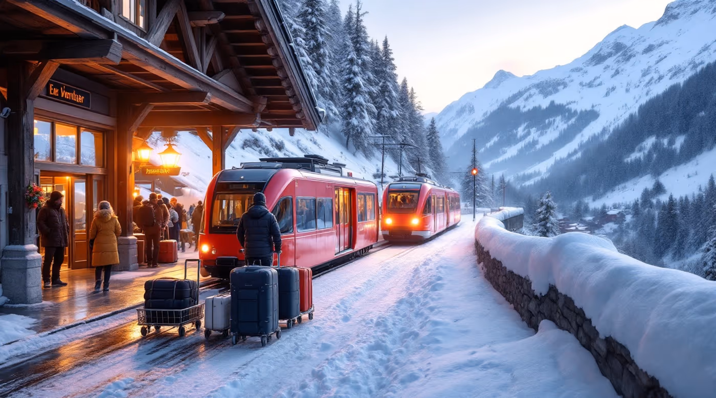 Mountain shuttle train waiting at a covered platform with ski bags on luggage trolleys