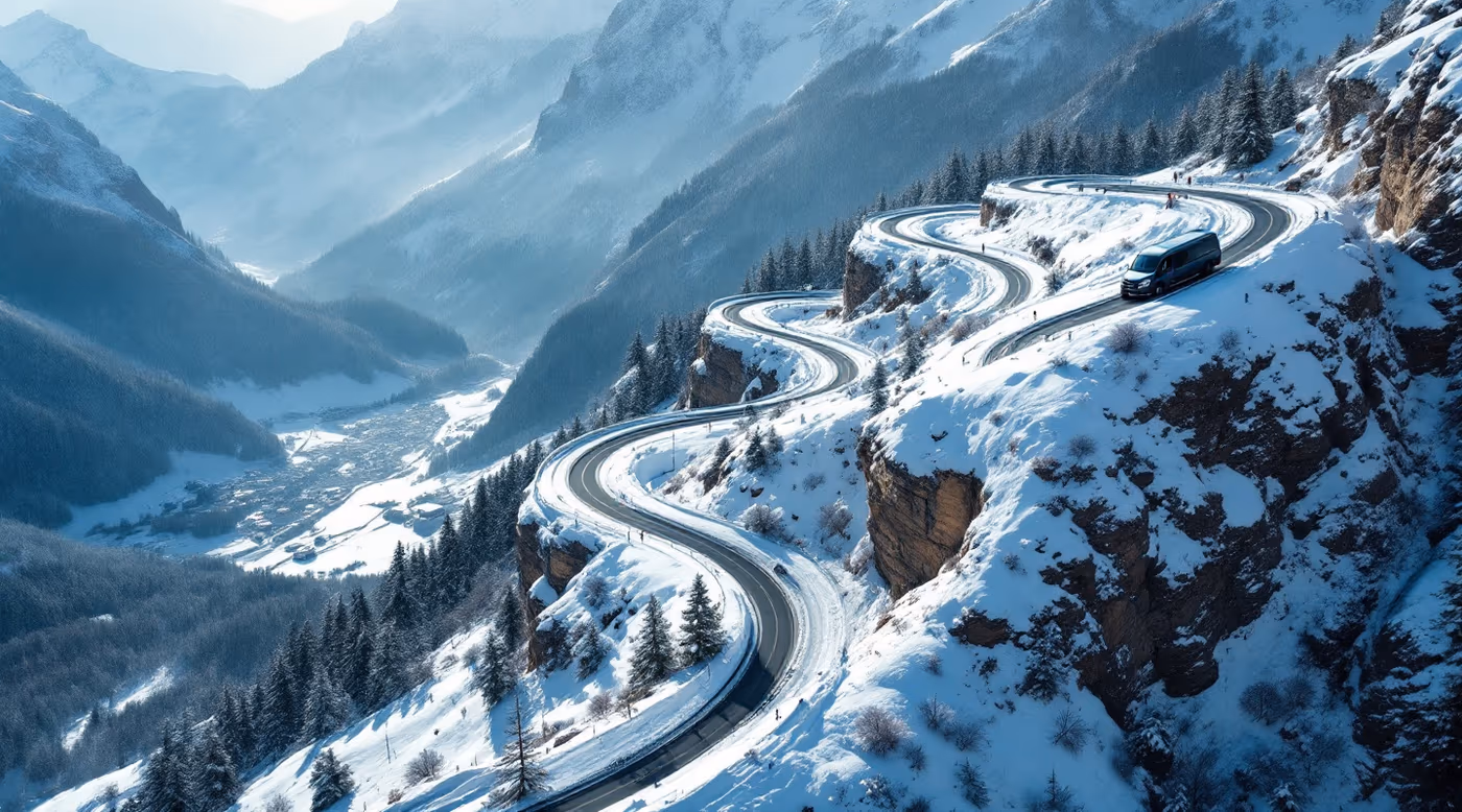 Hairpin bends climbing a snowy mountainside in winter sunshine