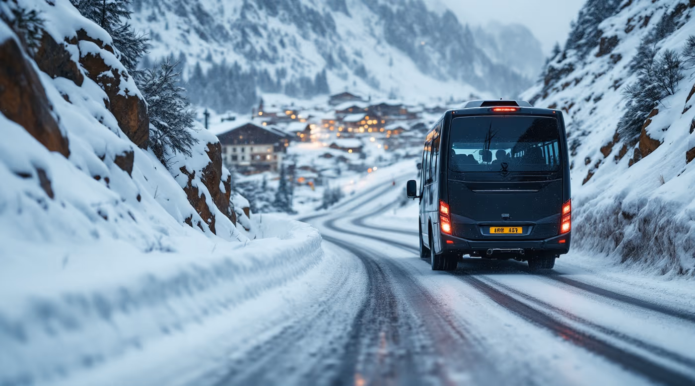 Minibus on winter tyres driving up a gritted mountain road between snowbanks