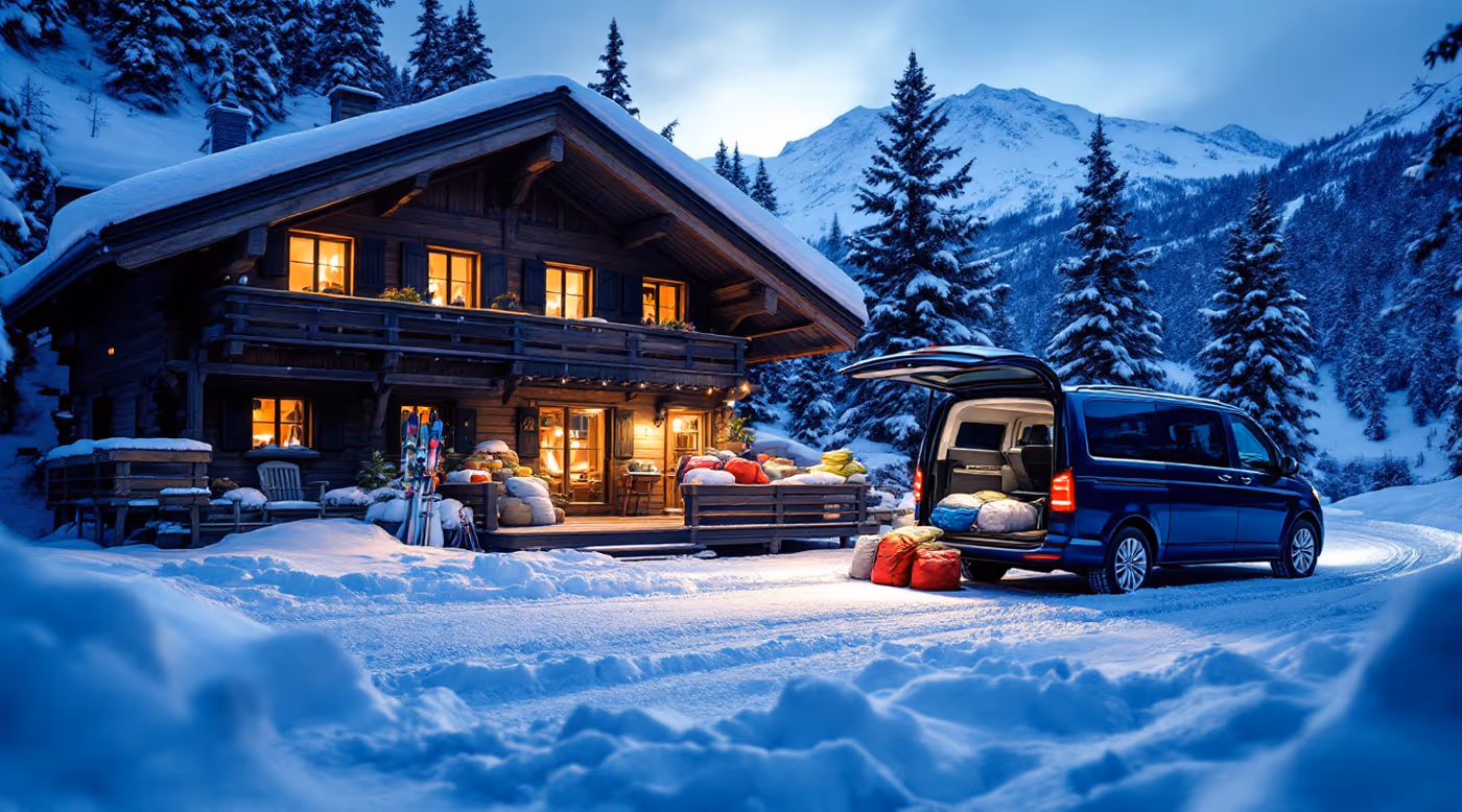 Private people carrier unloading ski bags outside a chalet at dusk