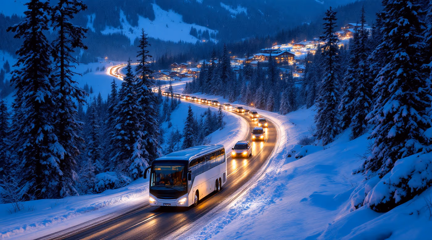 Line of vehicles climbing a snowy valley road to a ski resort at dusk