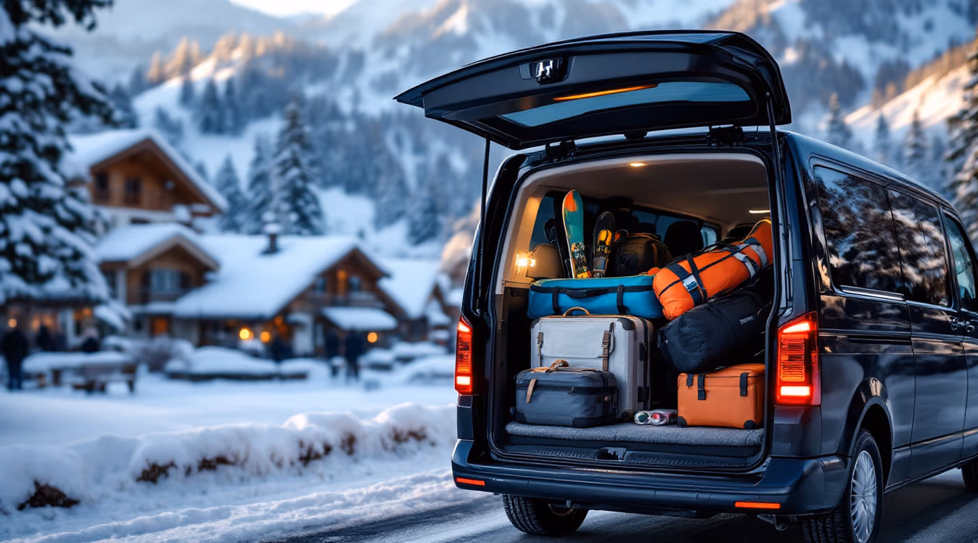 Van boot loaded with ski bags, a snowboard bag and suitcases in a snowy village