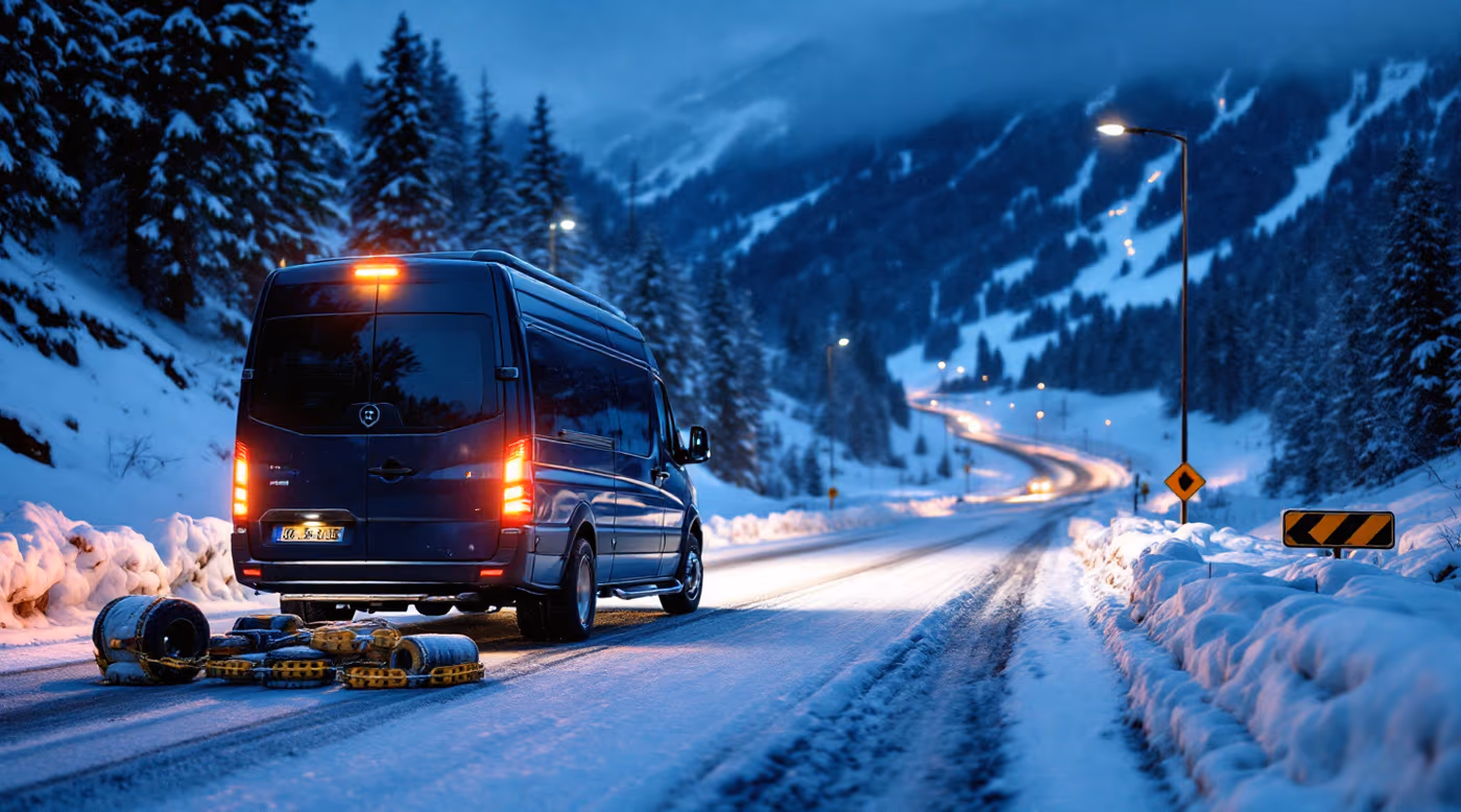 Minibus stopped on a snowy mountain road with snow chains beside the wheel