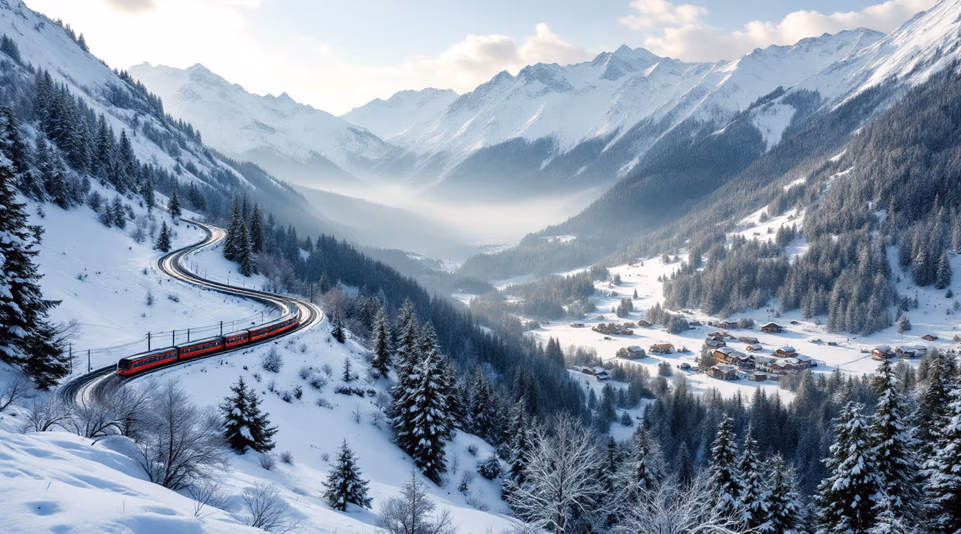 Alpine valley with a mountain road and a regional train crossing the valley floor