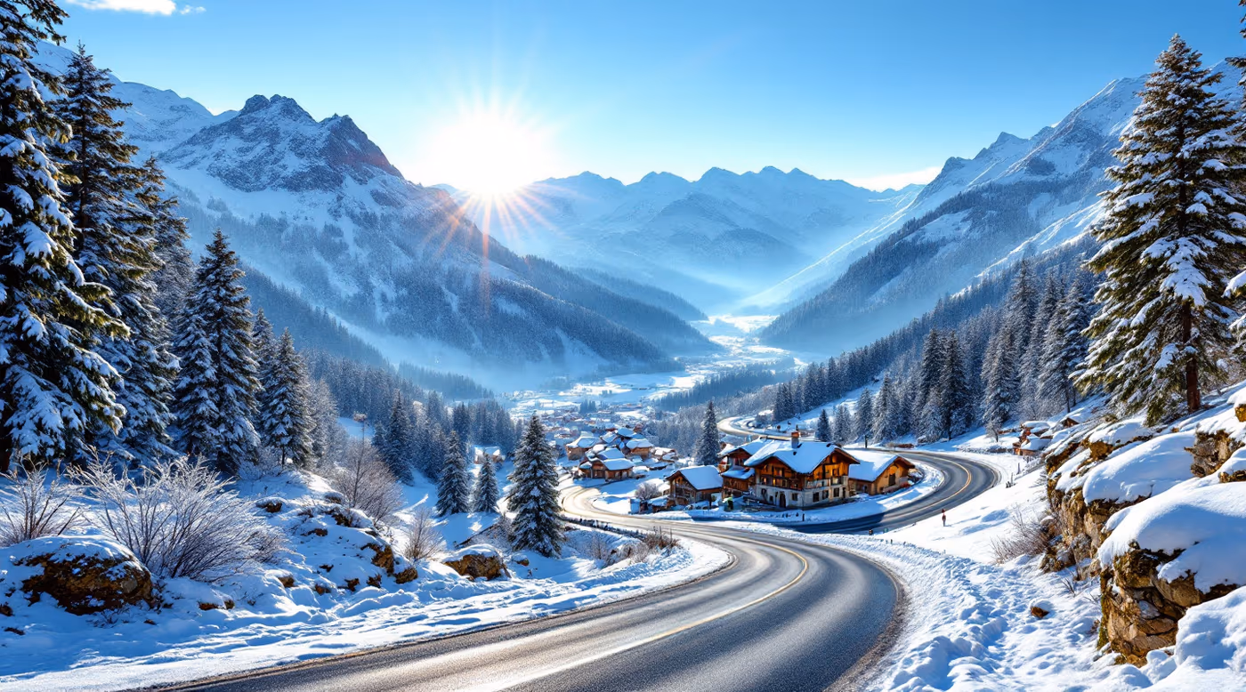Sunny Italian Alpine valley with a hairpin road leading to a mountain village