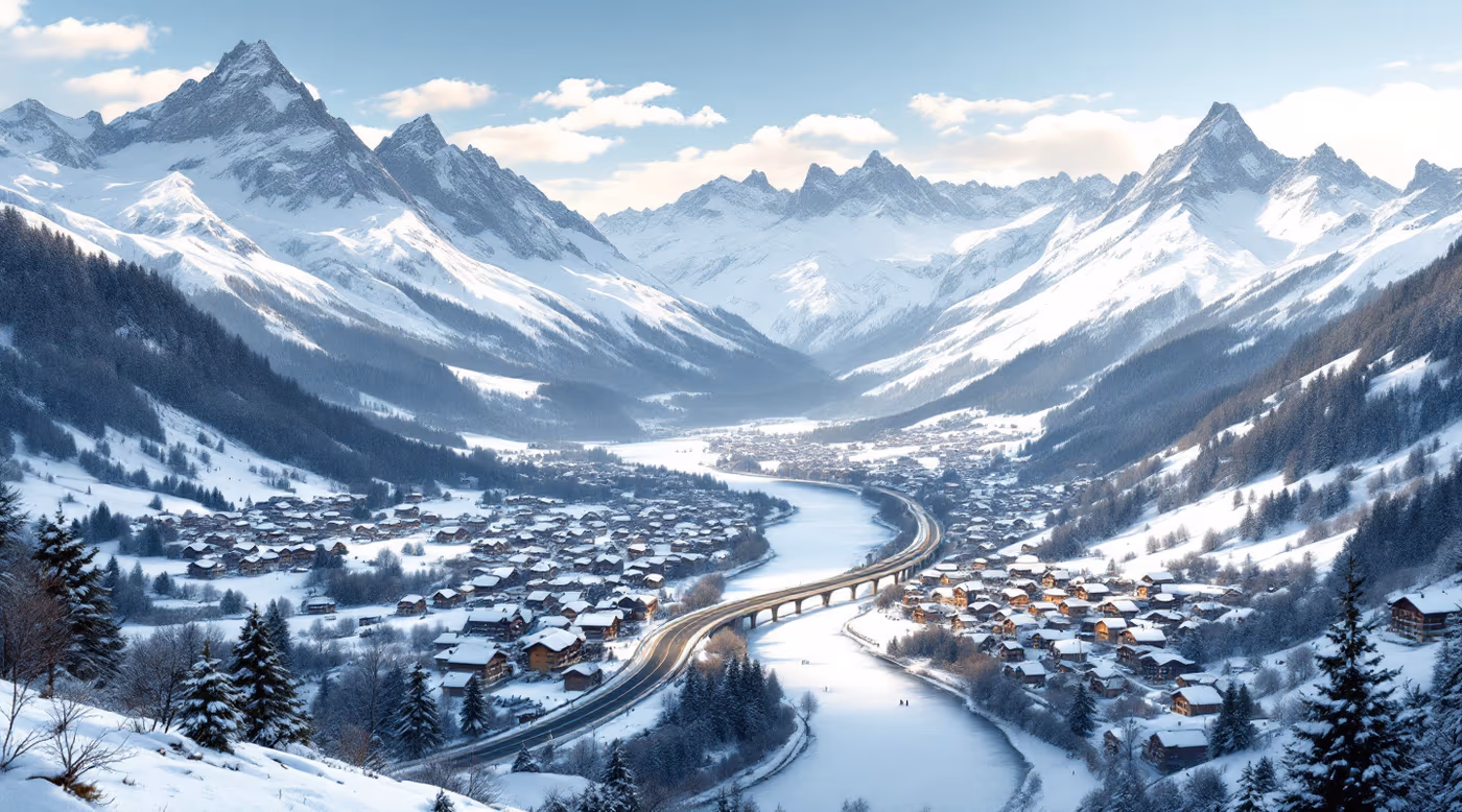 Swiss Alpine valley in winter with a motorway along the valley floor