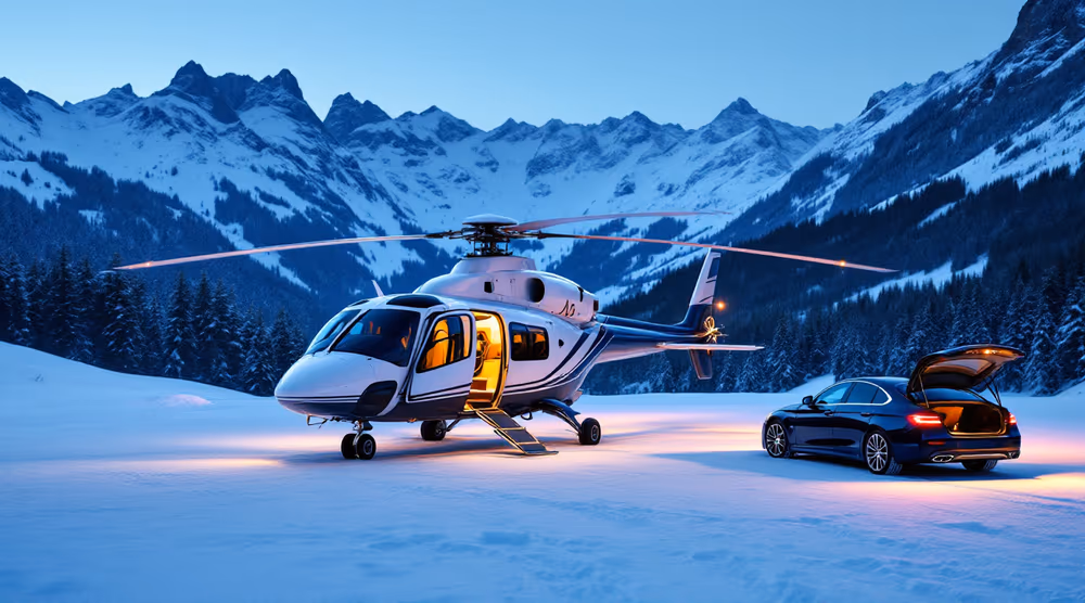 Hélicoptère privé posé sur une hélisurface enneigée au crépuscule, une berline attend à côté
