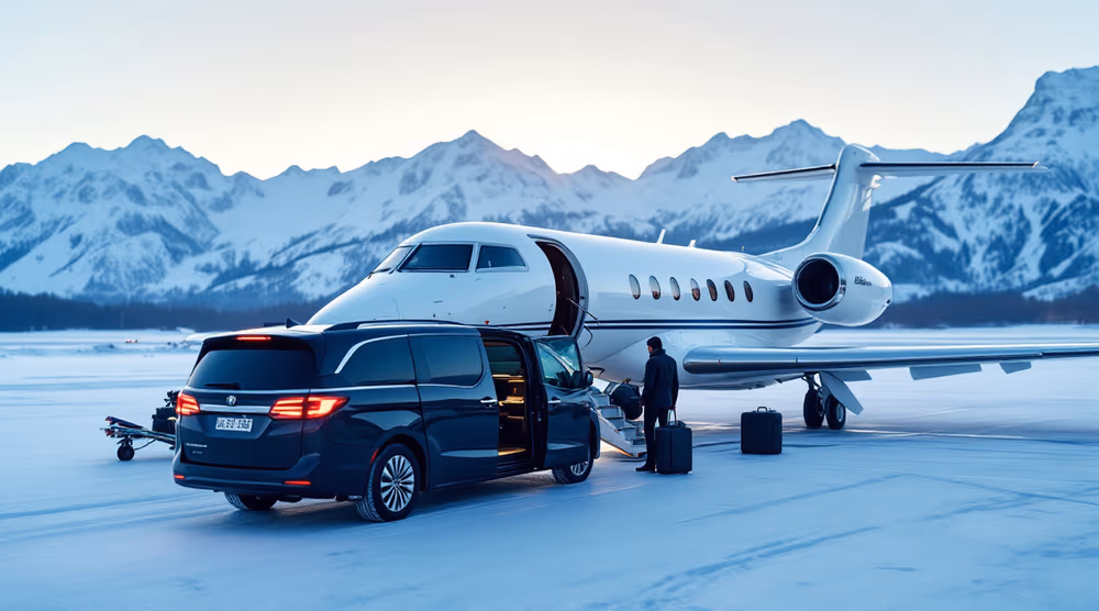 Jet privé sur un tarmac enneigé à l'aube, van haut de gamme au pied de la passerelle