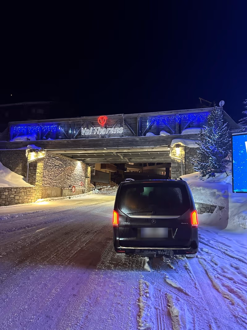 Our Mercedes V-Class arriving in Val Thorens, at night.